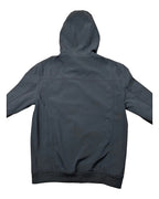 GEGENHALT. Dunkelblaue Kapuzenjacke mit durchgehendem Reißverschluss und Logo auf der Brust.